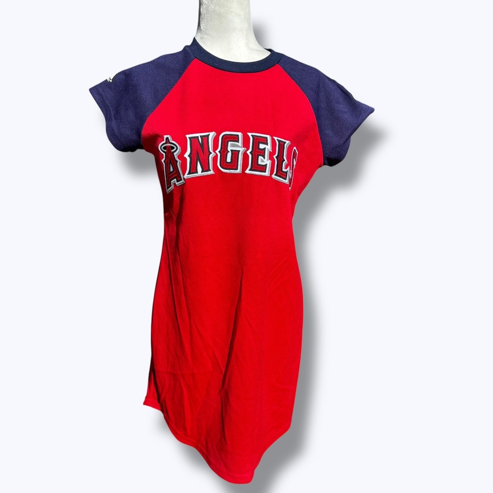 Majestic Angels Baseball Jersey Dress Red Navy Anaheim Los Angeles MLB Size M - Picture 3 of 10